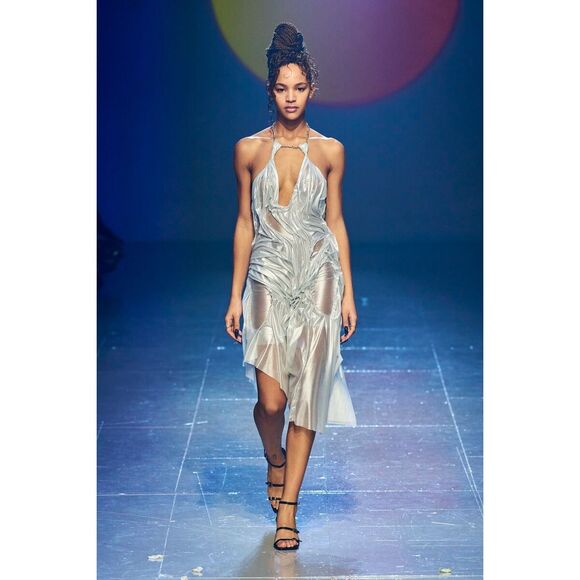 DI PETSA Silver Moon Wetlook Dress in Metallic Silver $3450